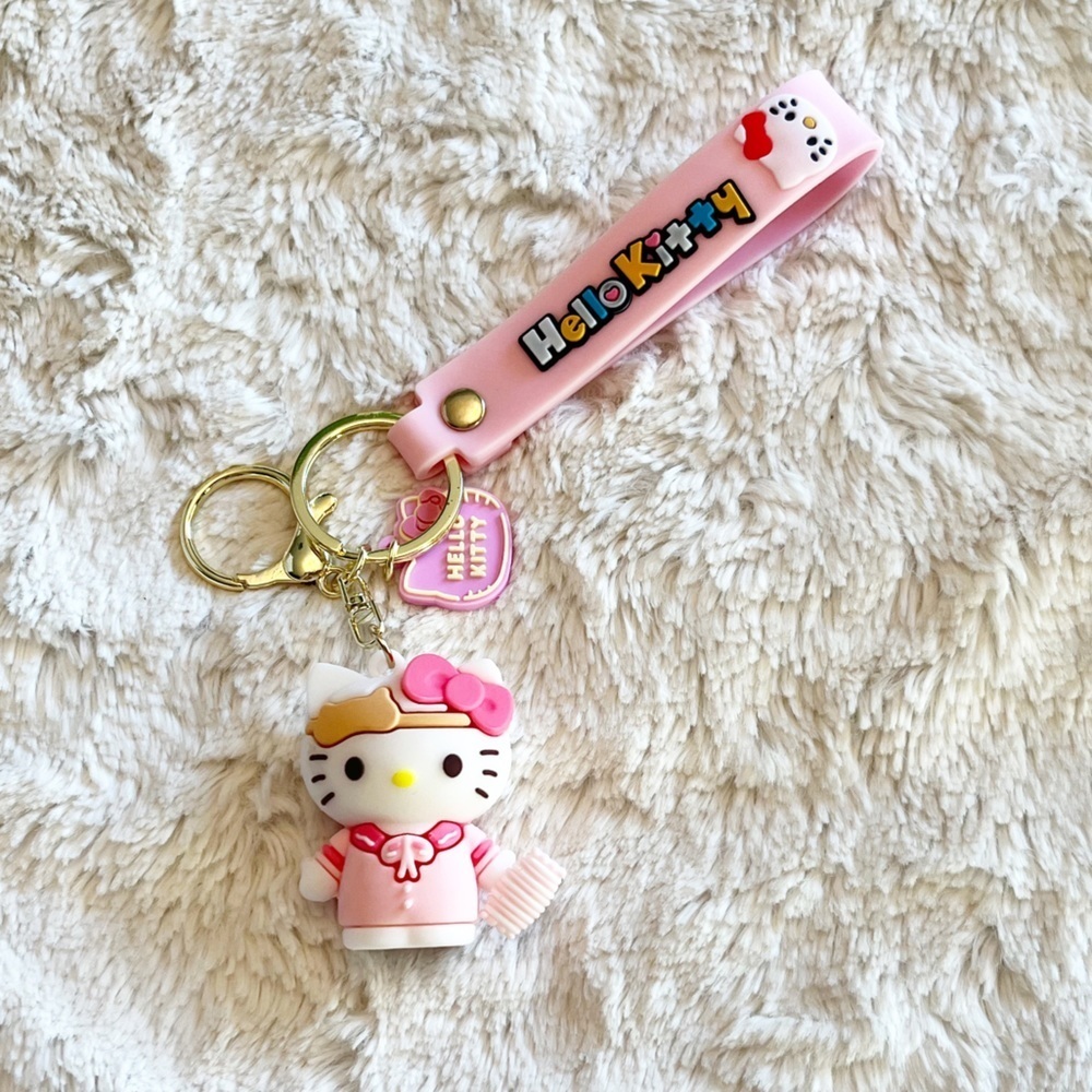 Sanrio Hello Kitty In A Pink Dress & Sleep Mask Keychain Bag Accessory Wristlet